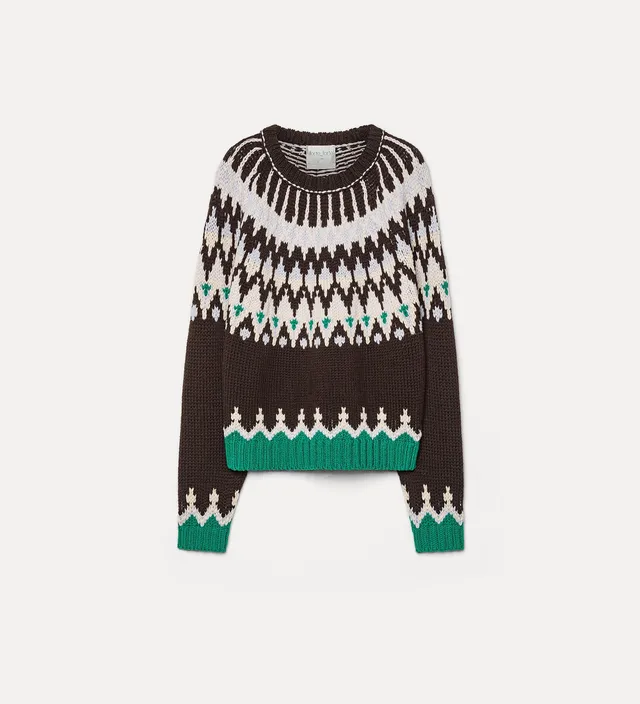 Forte maglieria maglione Fair Isle in lana vergine marrone