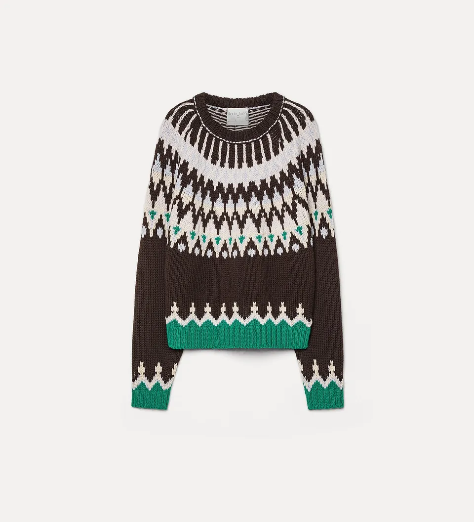 Forte maglieria maglione Fair Isle in lana vergine marrone