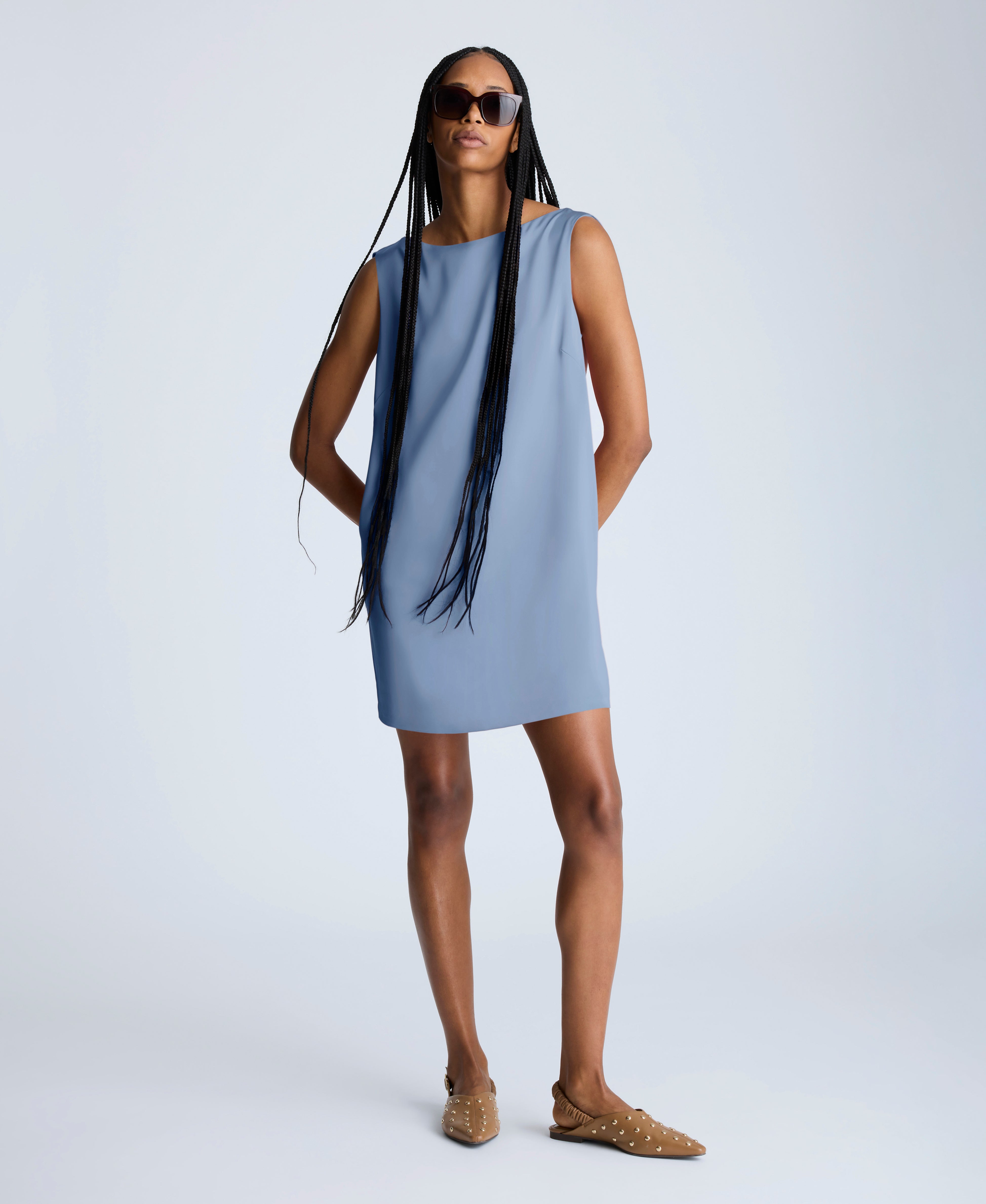 Kenneth Cole Reaction Clothing Sleeveless Draped Back abito azzurro