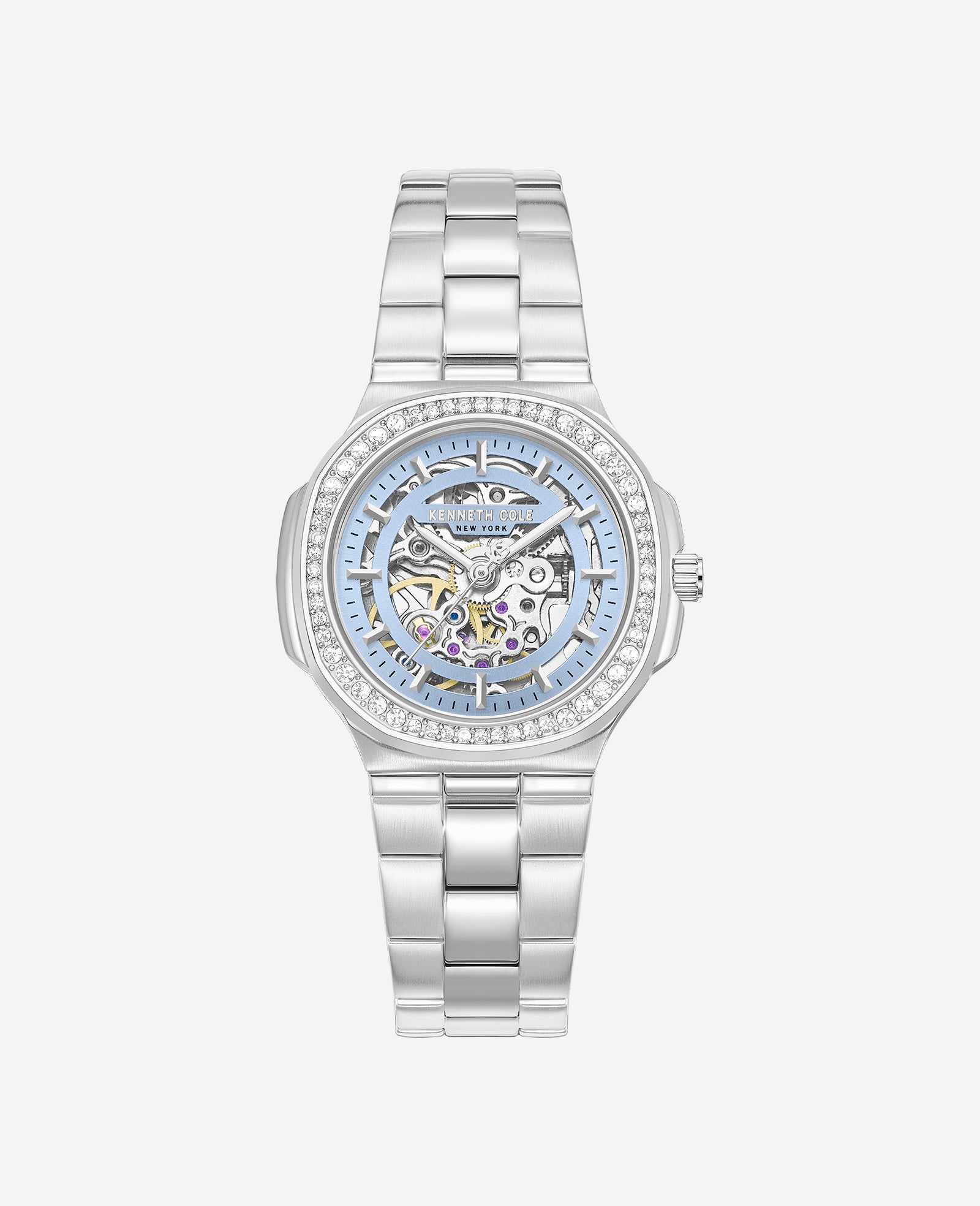 Kenneth Cole Reaction Watches Skeleton Automatic Crystal Lined Outer Dial Bracelet Watch orologio argento