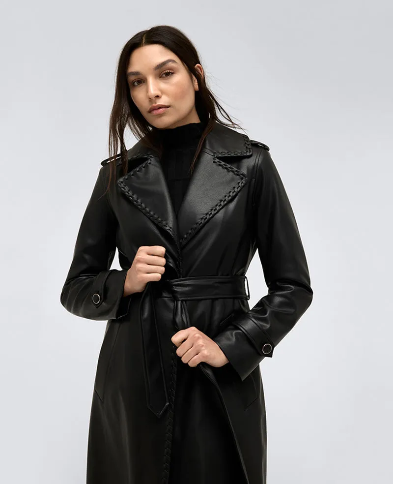 Kenneth Cole Reaction Clothing Faux Leather Belted Trench trench nero in ecopelle con cintura