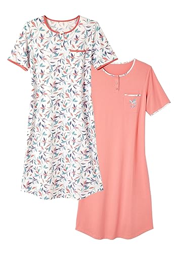 Damart Homewear Set di 2 camicie da notte in puro cotone pettinato Rosa Fogliame 38-40
