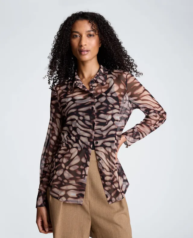 Kenneth Cole Reaction Clothing Front Button Shirt camicia Peanut Multi