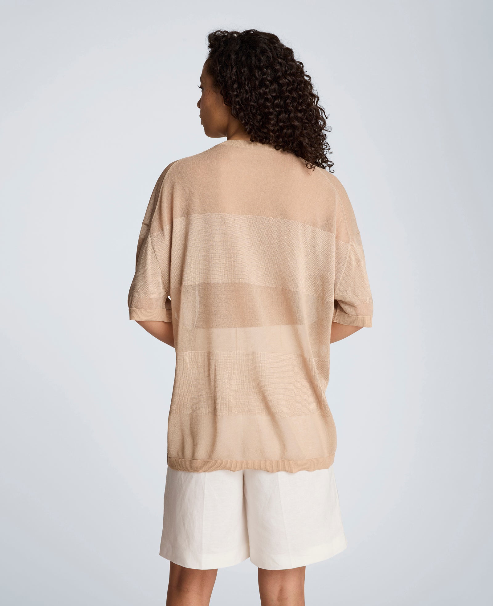 Kenneth Cole Reaction Clothing Shiny Semi Sheer Stripe maglia girocollo taupe