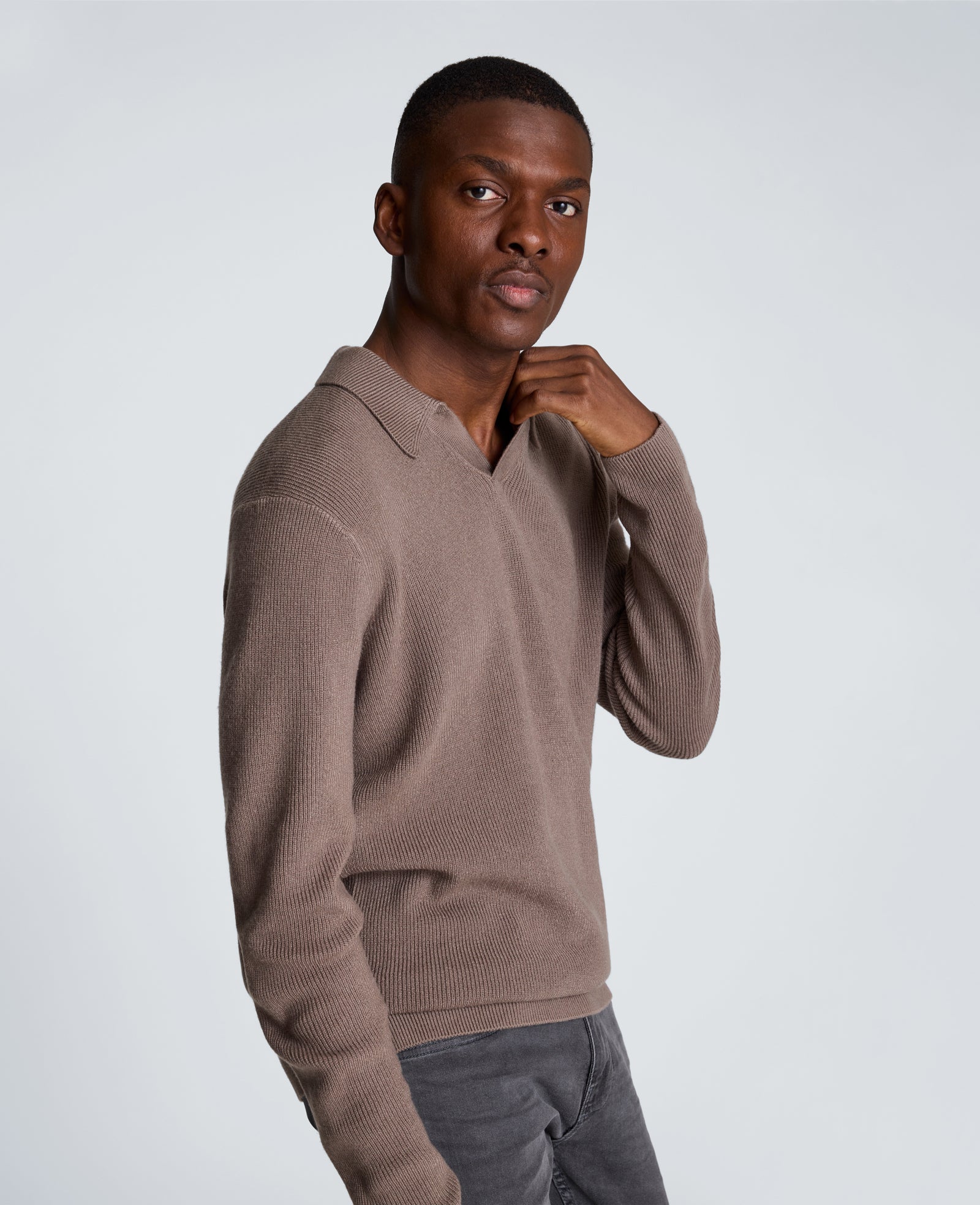 Kenneth Cole Reaction Clothing Long Sleeve Johnny Collar Polo polo marrone mélange