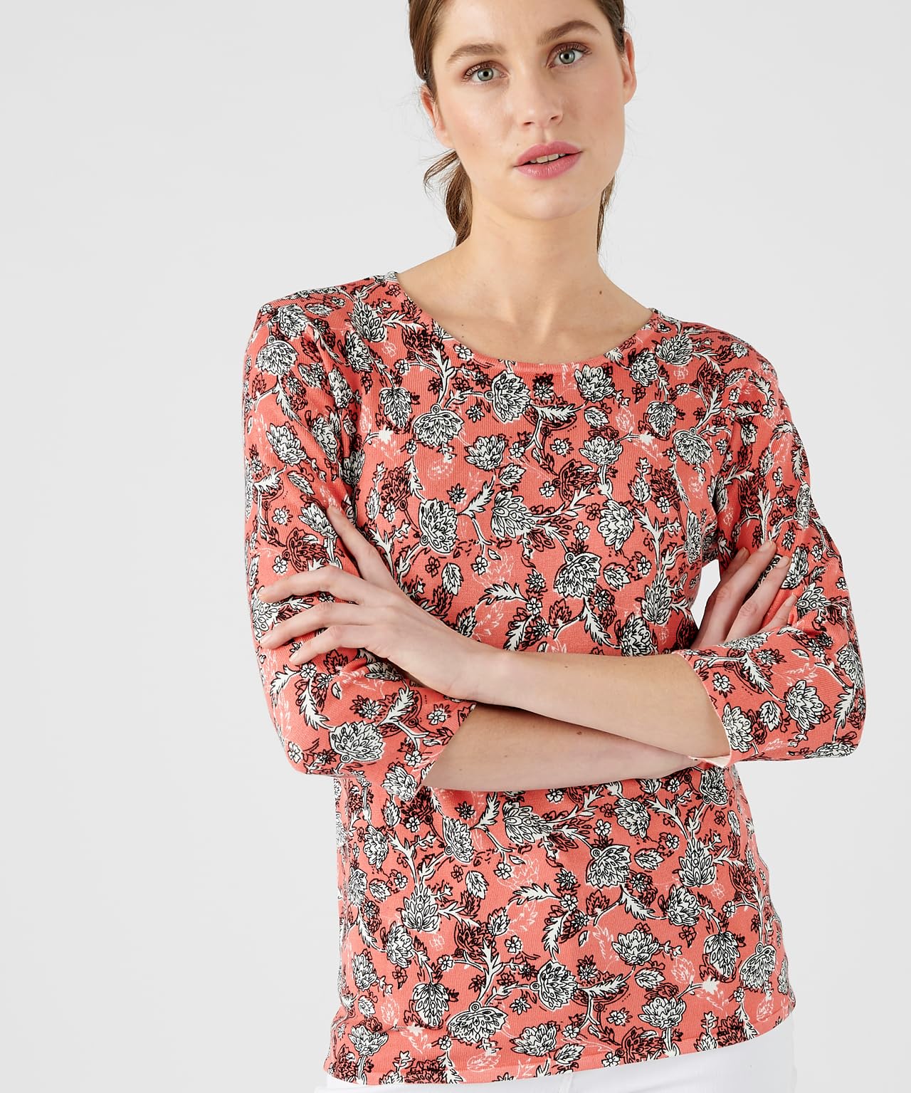 Damart Prêt-à-porter Maglione maglia fine maniche 3/4 rosa floreale 40