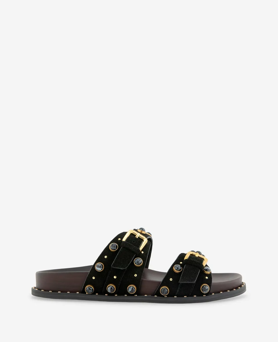 Kenneth Cole Reaction Shoes Deardra Leather Double Buckle Band Slide sandali neri