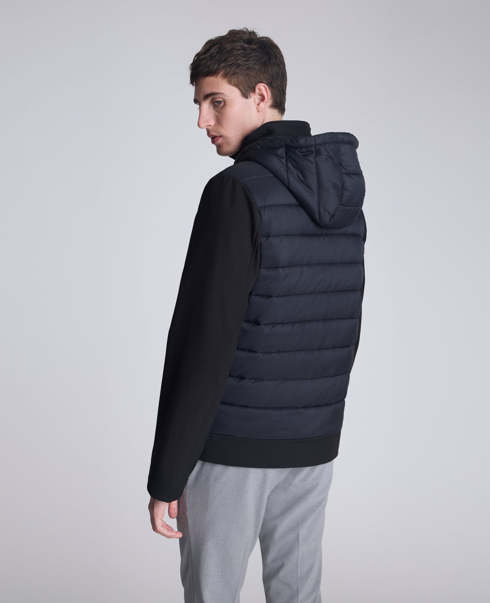 Kenneth Cole Reaction Clothing Mixed Media Hooded Soft Shell Jacket giacca nera con cappuccio