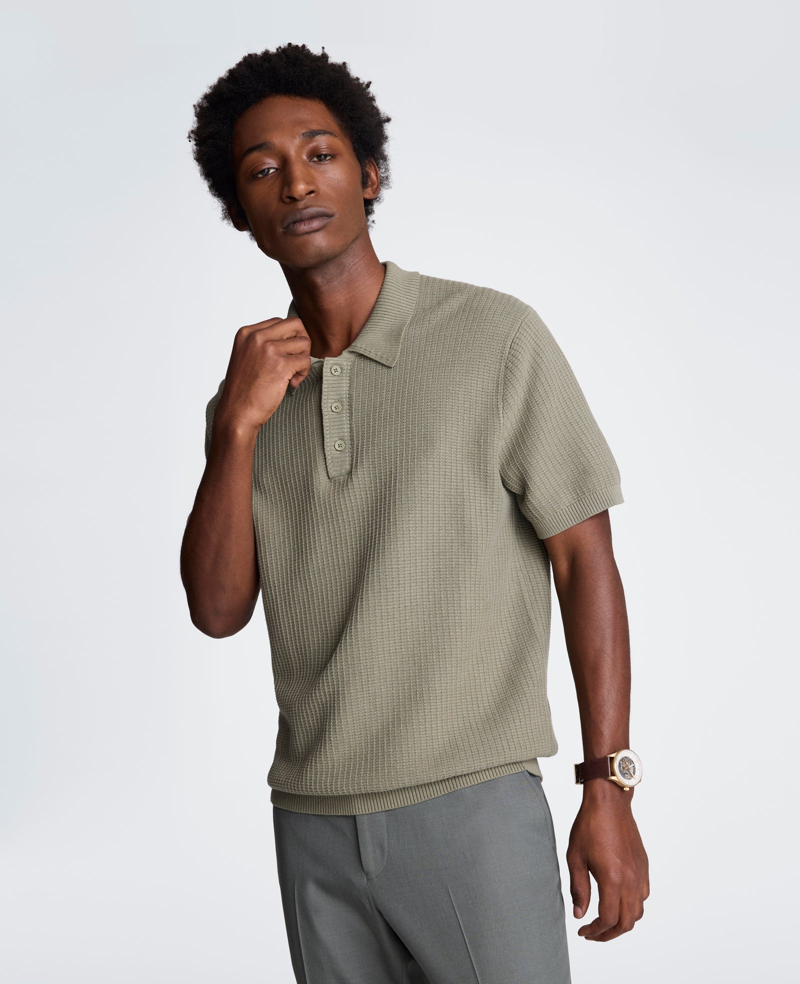 Kenneth Cole Reaction Clothing Sweater Polo polo in maglia verde salvia
