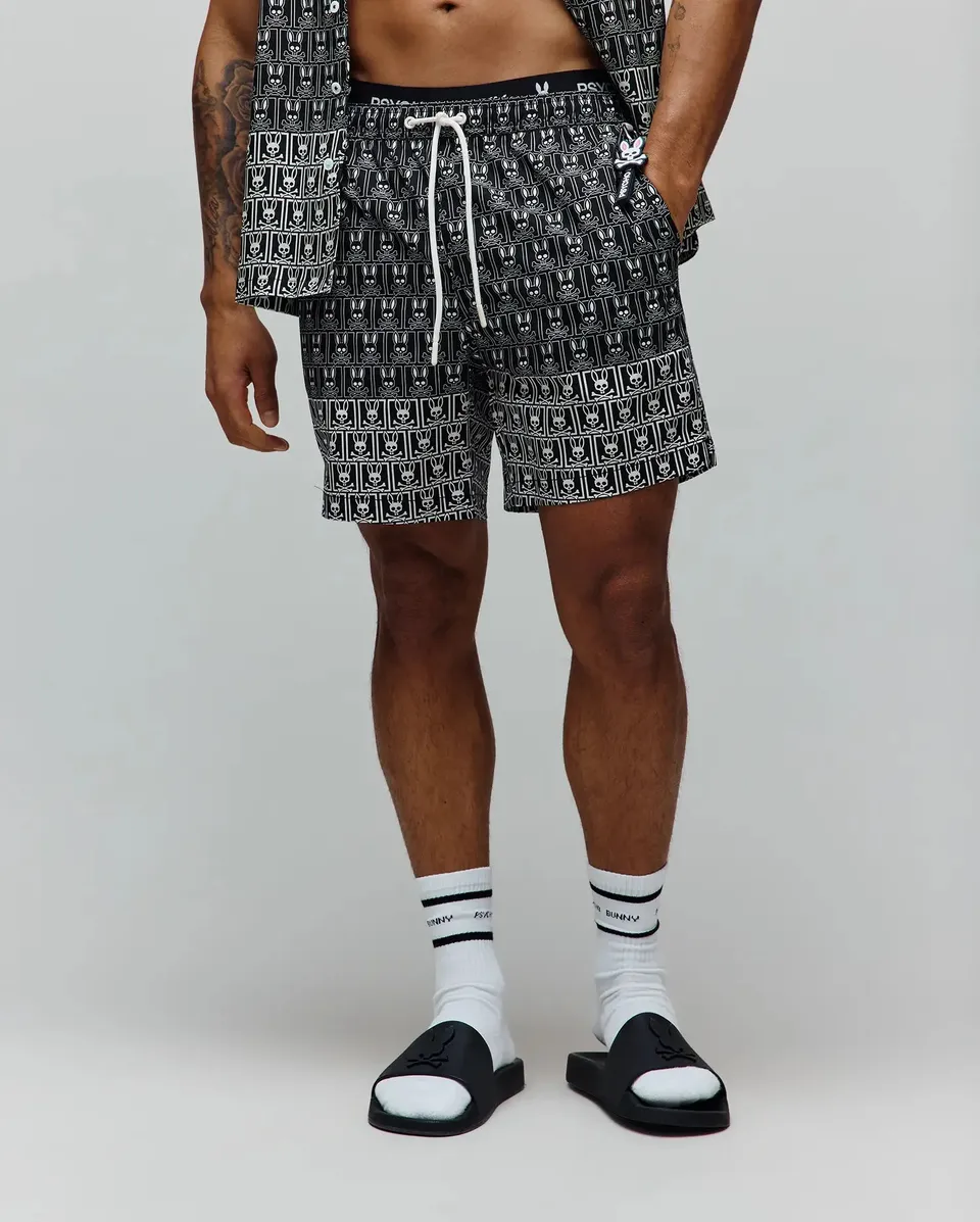 Psycho Bunny Men's Swimwear MENS KEON ALL OVER BUNNY SWIM TRUNK 6 MO1000099 costume uomo nero