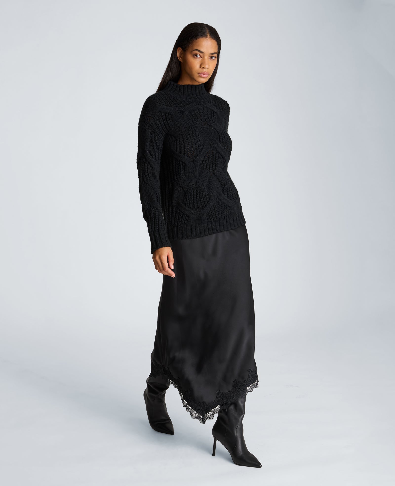Kenneth Cole Reaction Clothing Oversized Cable Mock Neck Sweater maglione nero oversize