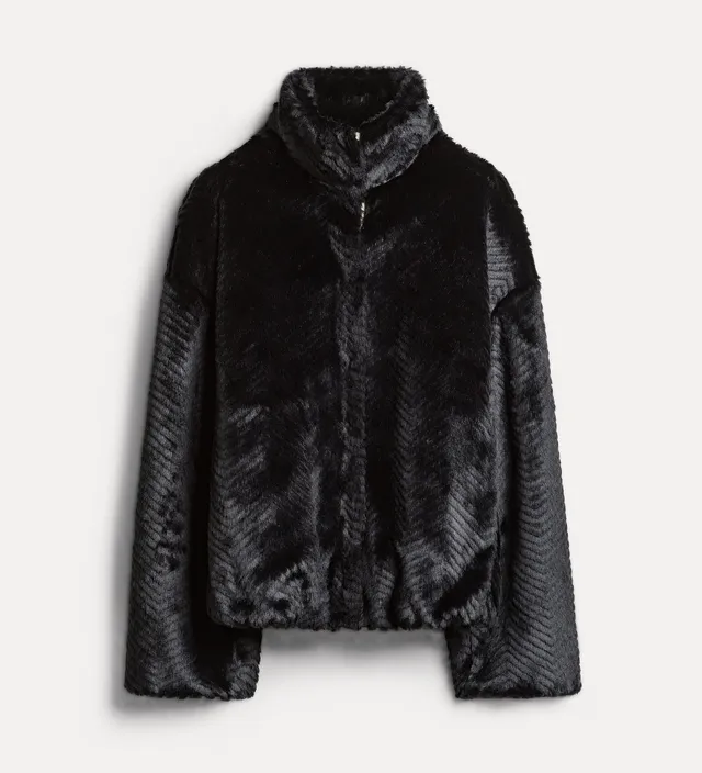 Forte giacche bomber faux fur nero con motivo chevron