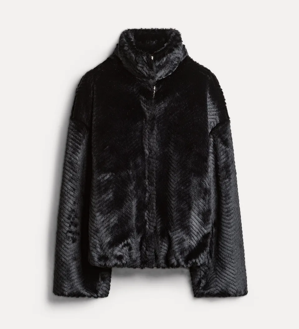 Forte giacche bomber faux fur nero con motivo chevron