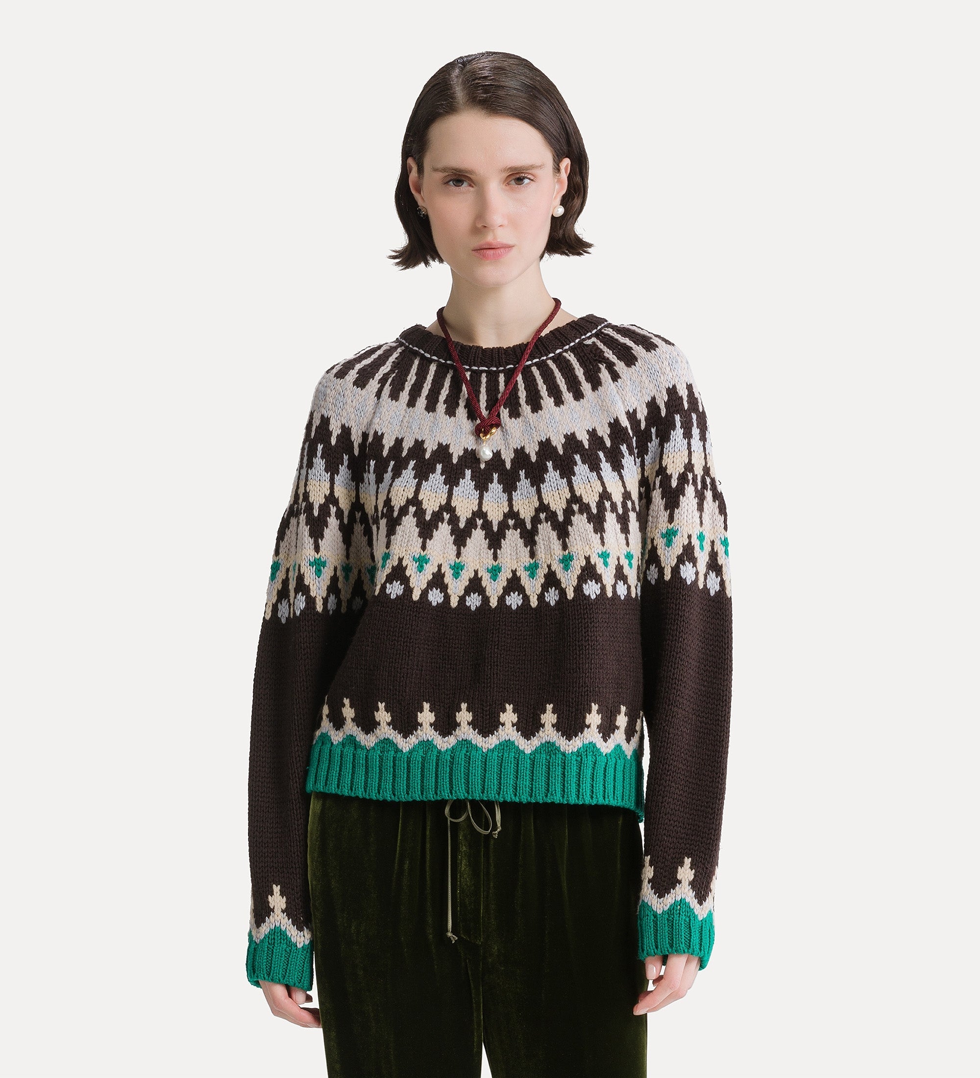 Forte maglieria maglione Fair Isle in lana vergine marrone