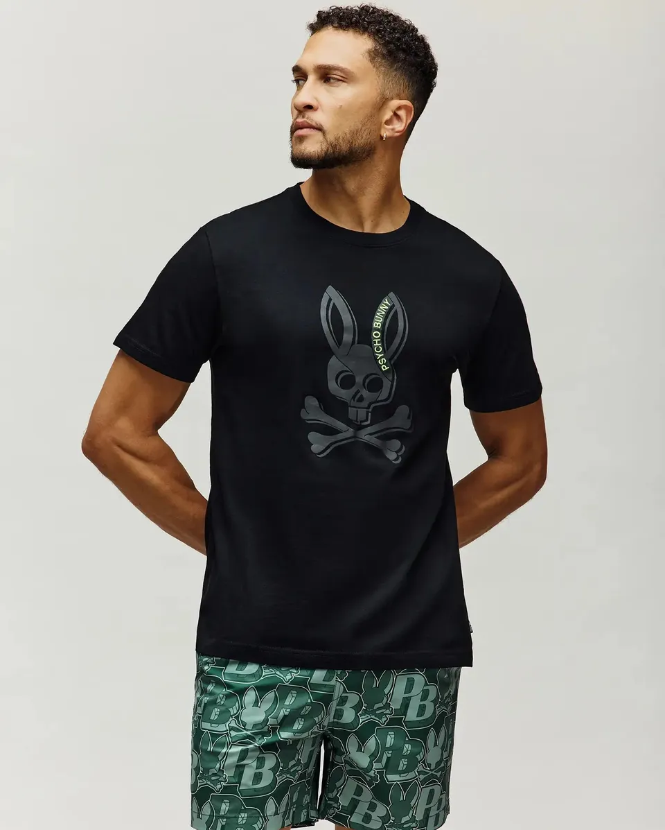 Psycho Bunny Men's Tees Serge Embroidered Bunny Graphic Tee t-shirt 001 Black in cotone Pima