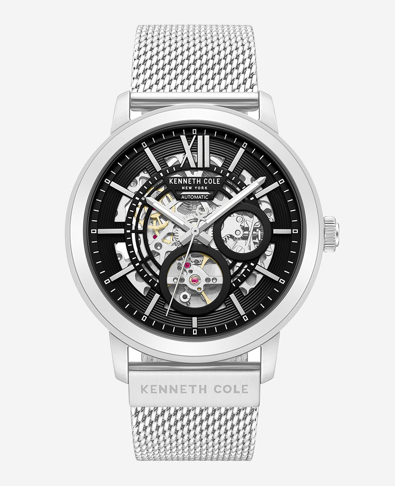 Kenneth Cole Reaction Watches Skeleton Automatic Black Dial orologio Silver