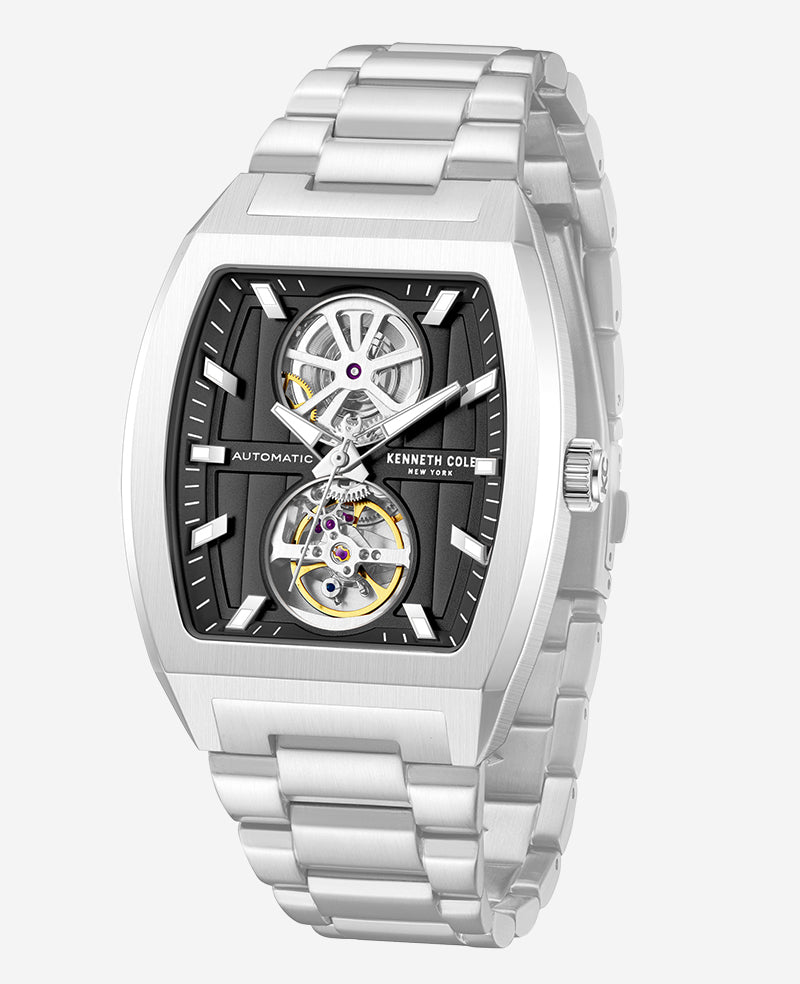 Kenneth Cole Reaction Skeleton Automatic Black Dial Stainless Steel Bracelet Watch orologio nero