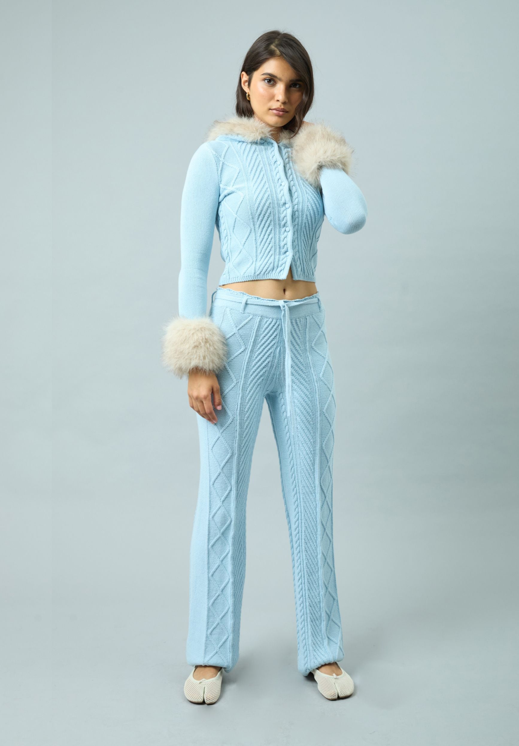 House Of Sunny Women's Knitwear PEGGY CARDIGAN cardigan azzurro con bordo in pelliccia taglie UK 6-18
