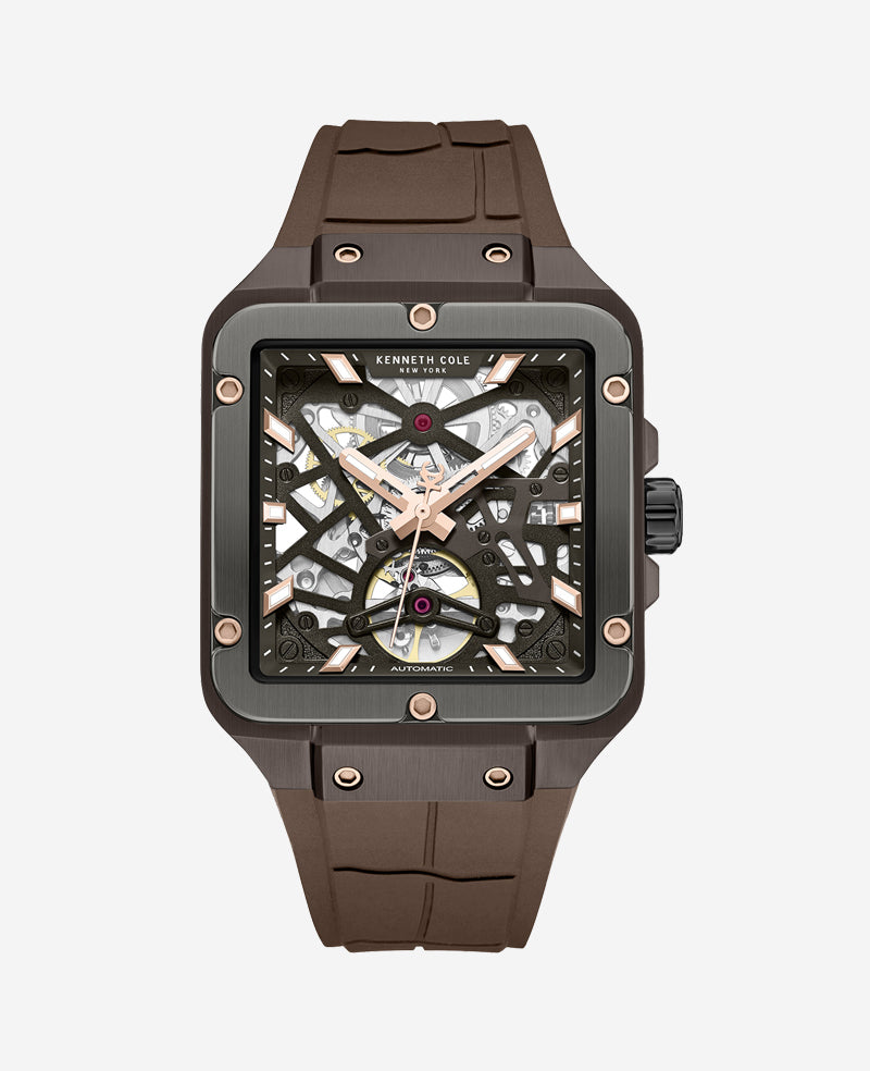 Kenneth Cole Reaction Watches Skeleton Automatic Silicone Watch orologio automatico marrone