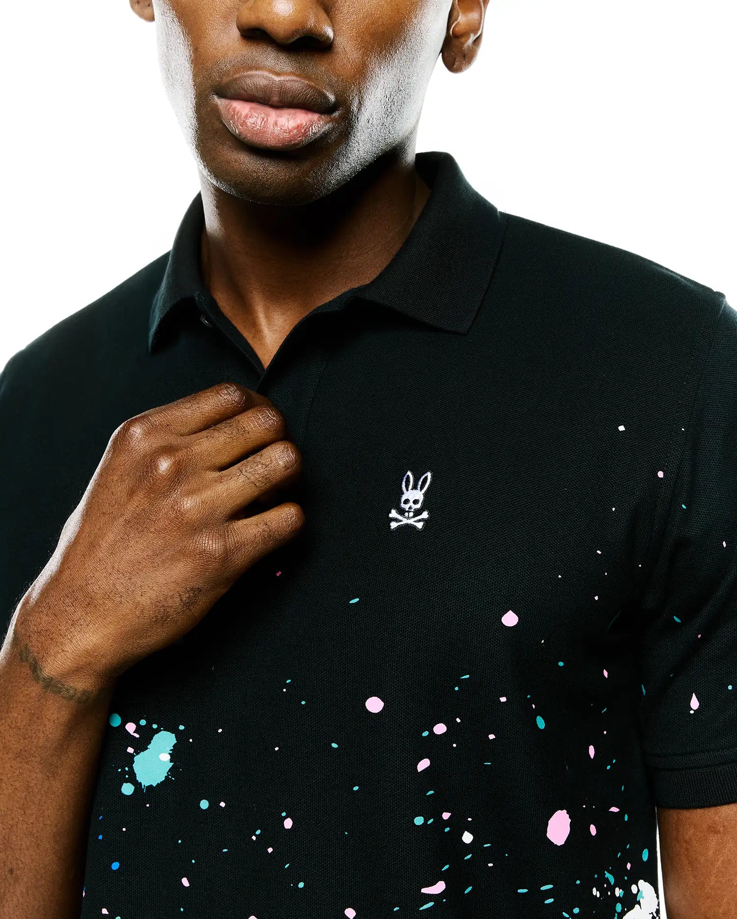 Psycho Bunny Men's Polos Malcolm Splatter Polo polo nera in cotone Pima