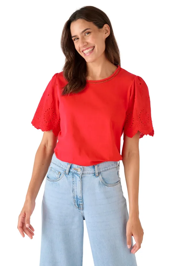 Damart Prêt-à-porter Maglietta in puro cotone con maniche ricamate da donna 38-40