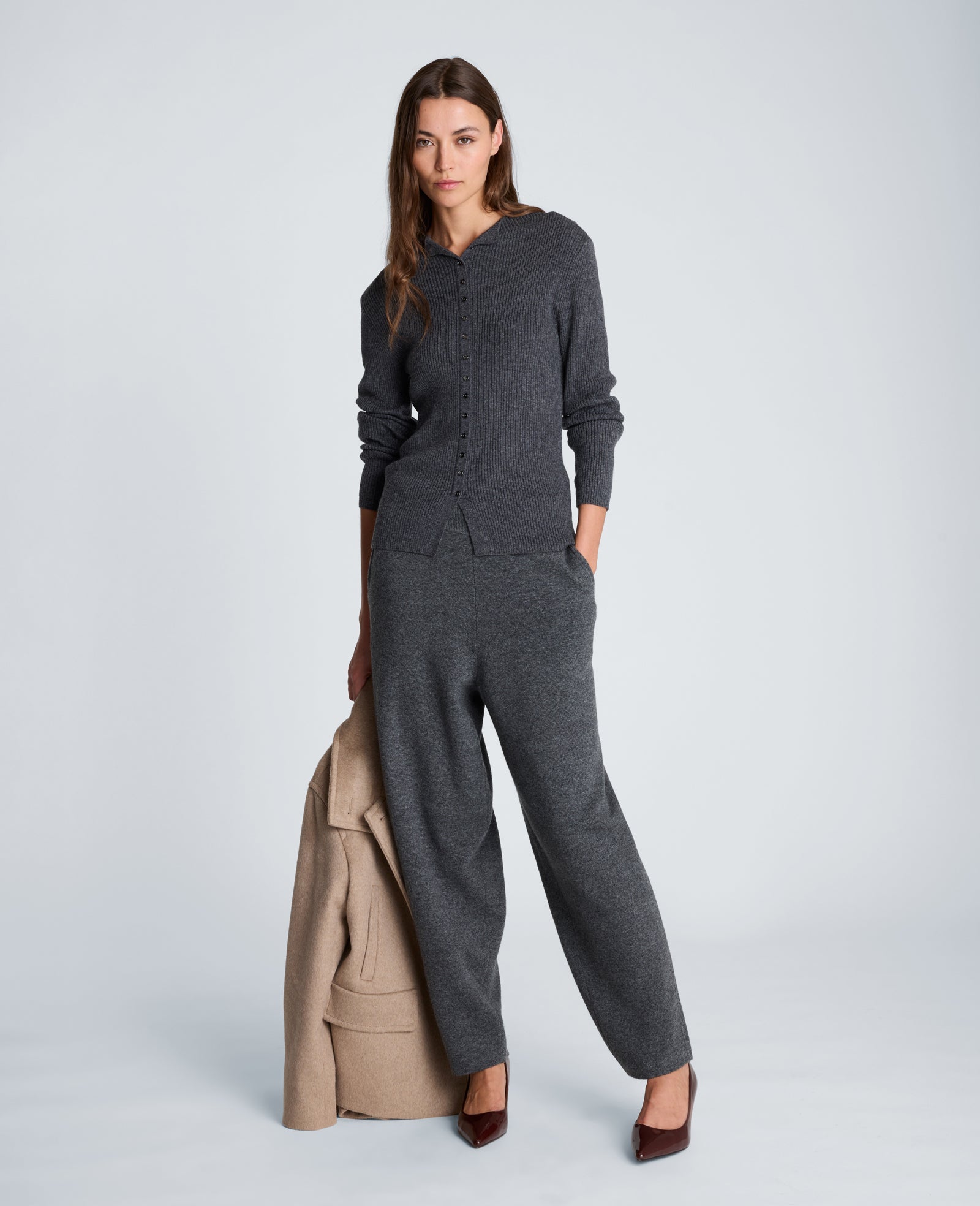 Kenneth Cole Reaction Clothing Long Sleeve Mini Button Funnel Neck Sweater maglia grigio scuro XS–XL in misto cashmere