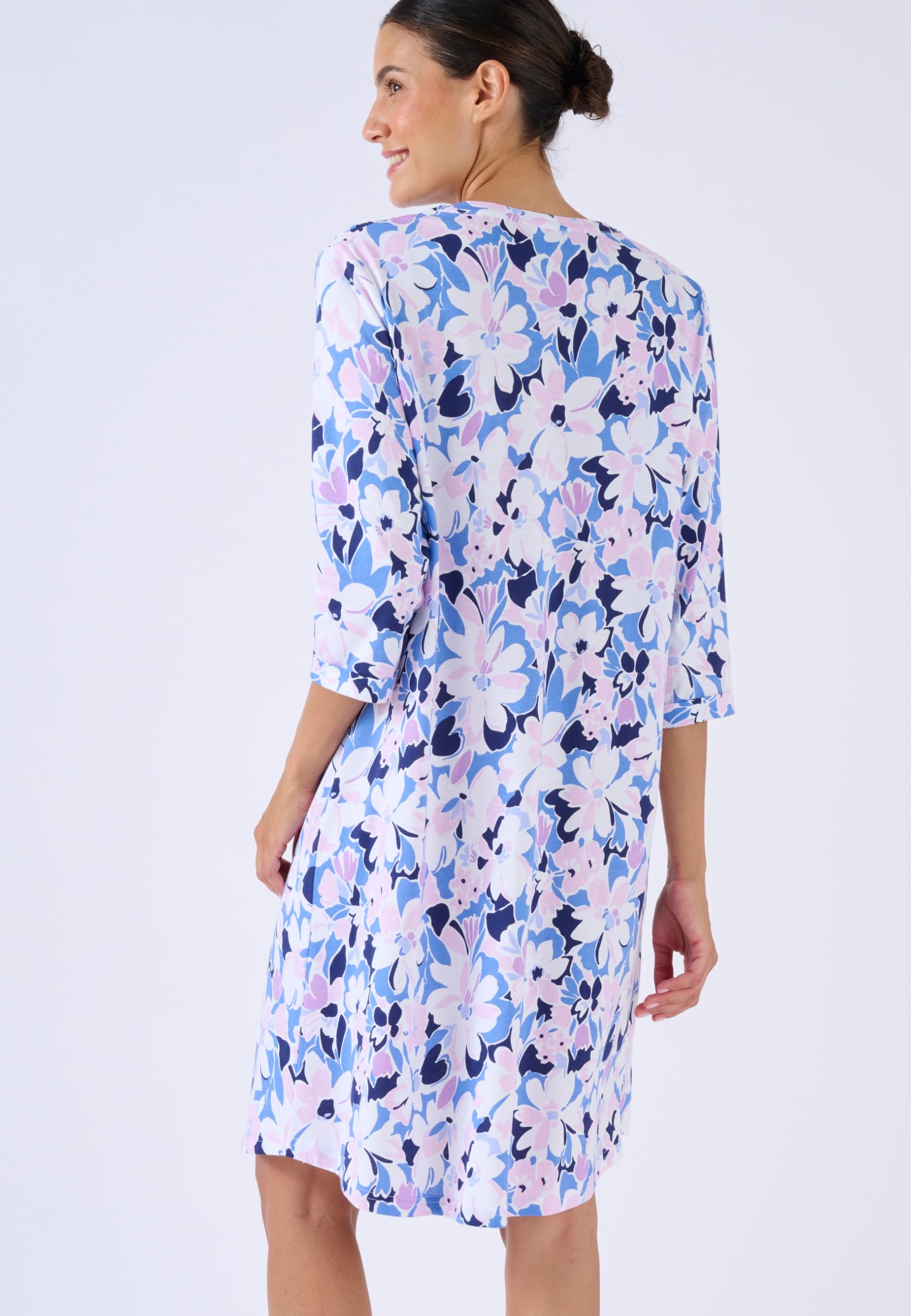 Damart Homewear camicia da notte colletto tunisino blu fiorito in cotone