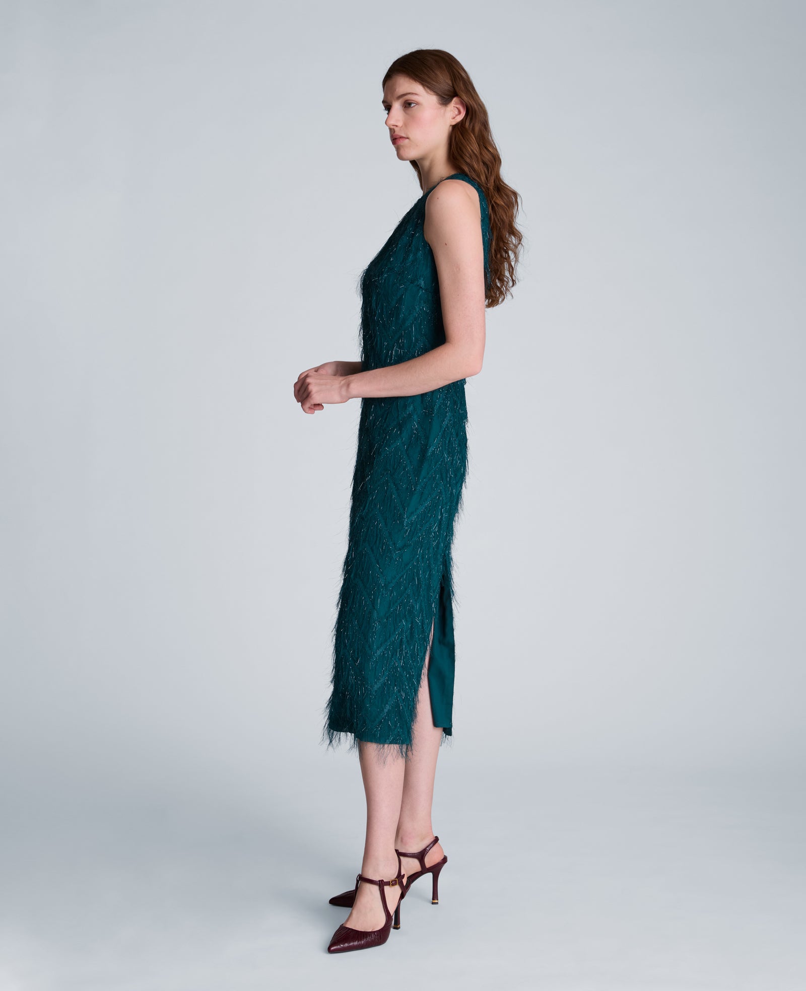 Kenneth Cole Reaction Clothing Fringed Organza Midi Sheath Dress abito midi verde petrolio