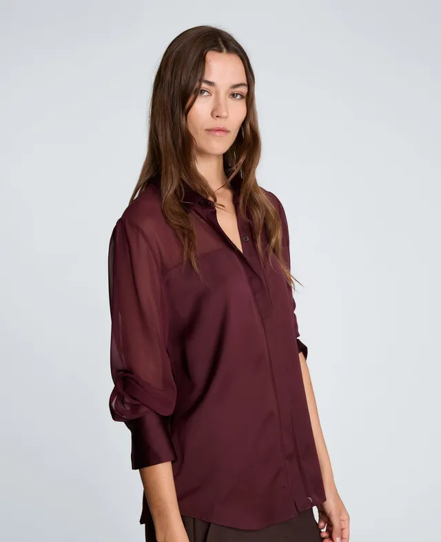 Kenneth Cole Reaction Clothing Long Sleeve Button Front Shirt camicia donna Sugar Beet maniche trasparenti