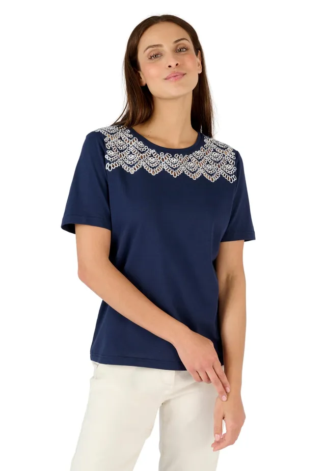 Damart Prêt-à-porter Maglietta donna blu navy ricamo bianco 38-40