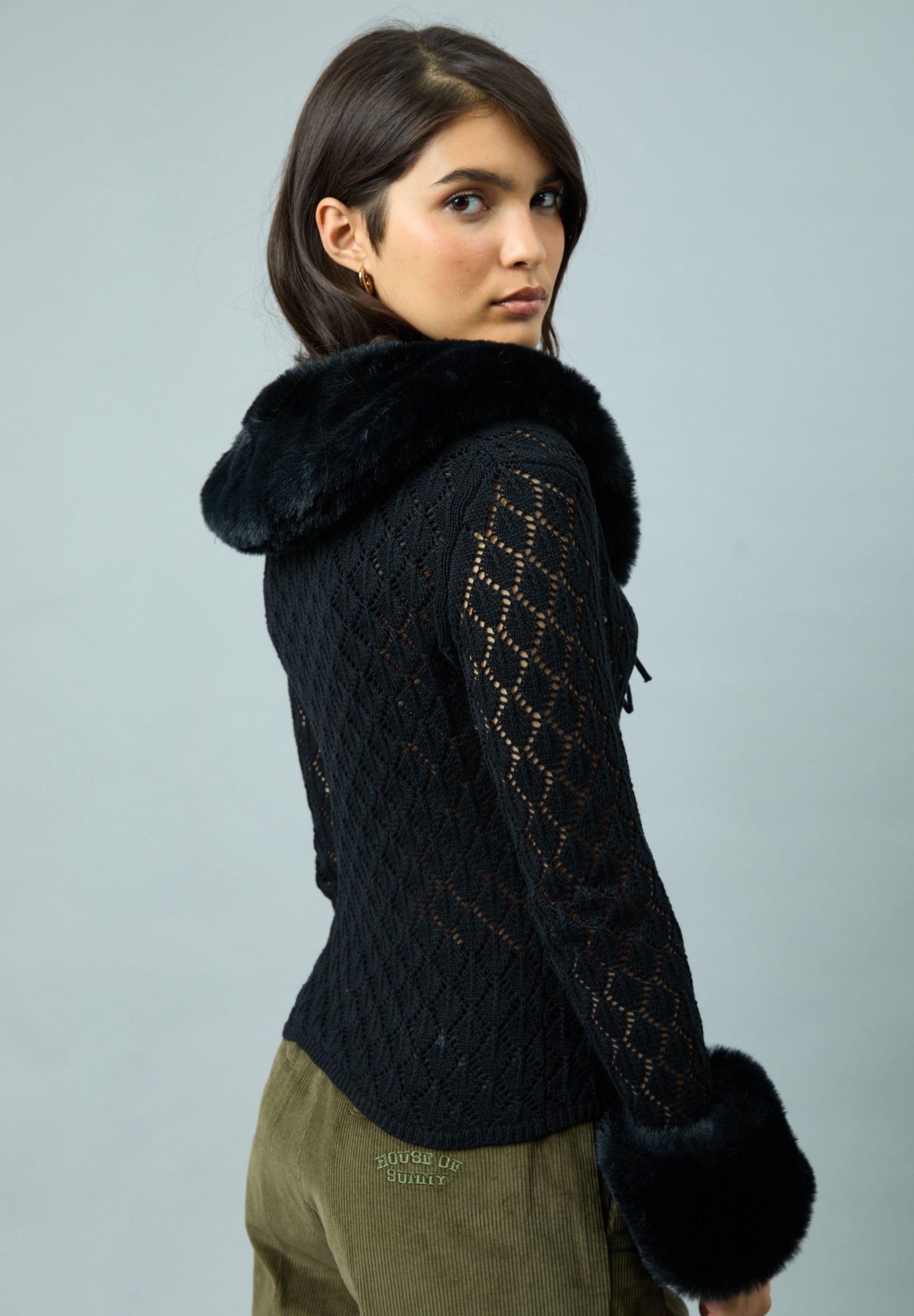 House Of Sunny Women's Knitwear Black Fur Collar Peggy maglia nera in cotone