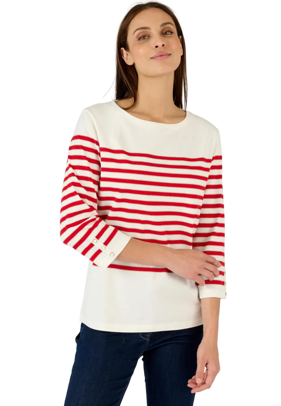 Damart Prêt-à-porter Mariniera Brillante maglia bianco rosso a righe manica 3/4