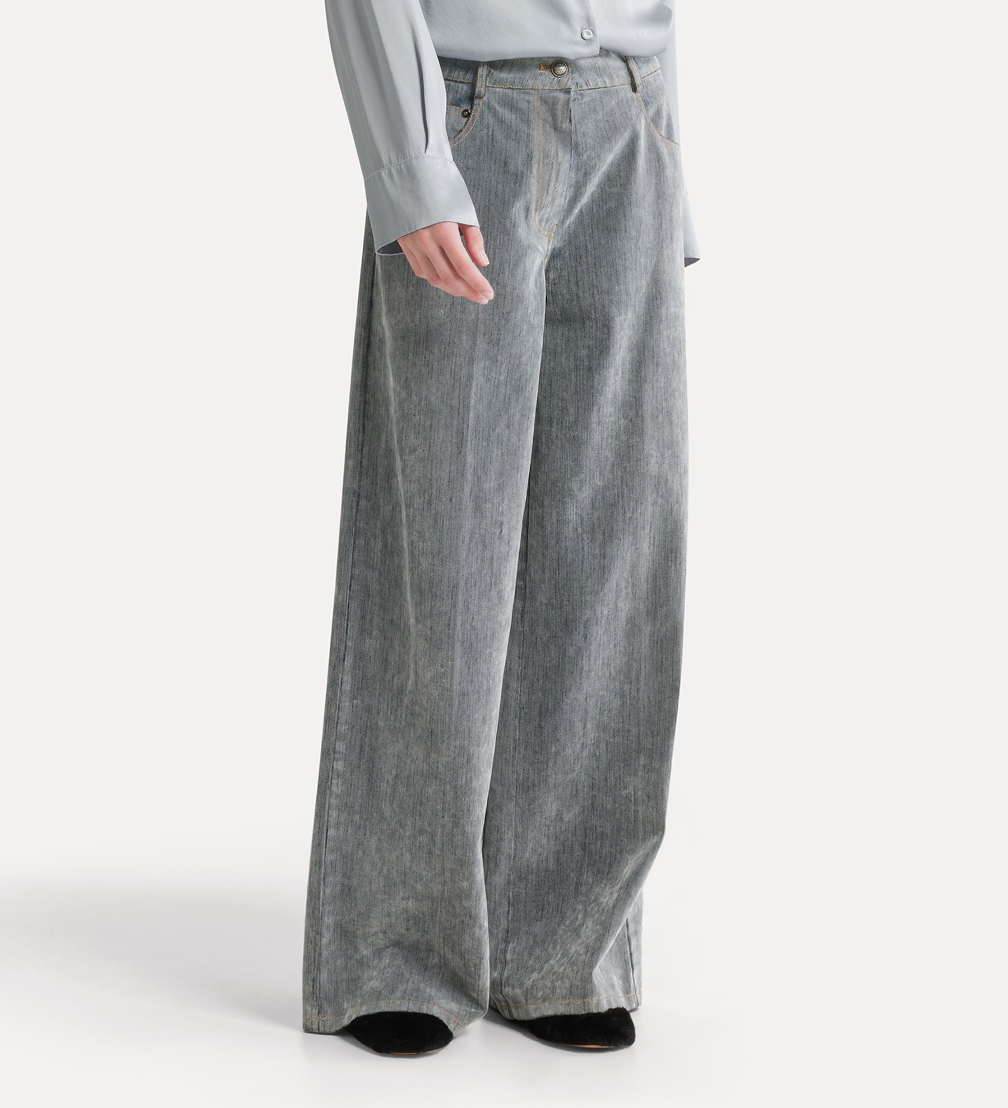 Forte pantaloni jeans wide-leg grigi in denim floccato