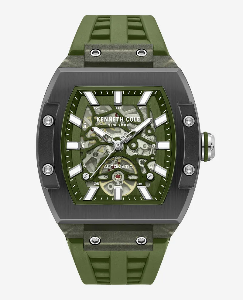 Kenneth Cole Reaction Watches Skeleton Automatic Green Silicone Strap Watch orologio verde