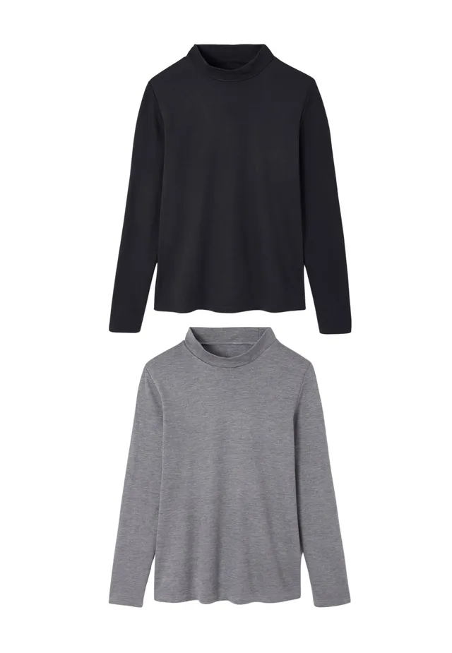 Damart Prêt-à-porter set di 2 magliette donna a collo alto nero e grigio melange