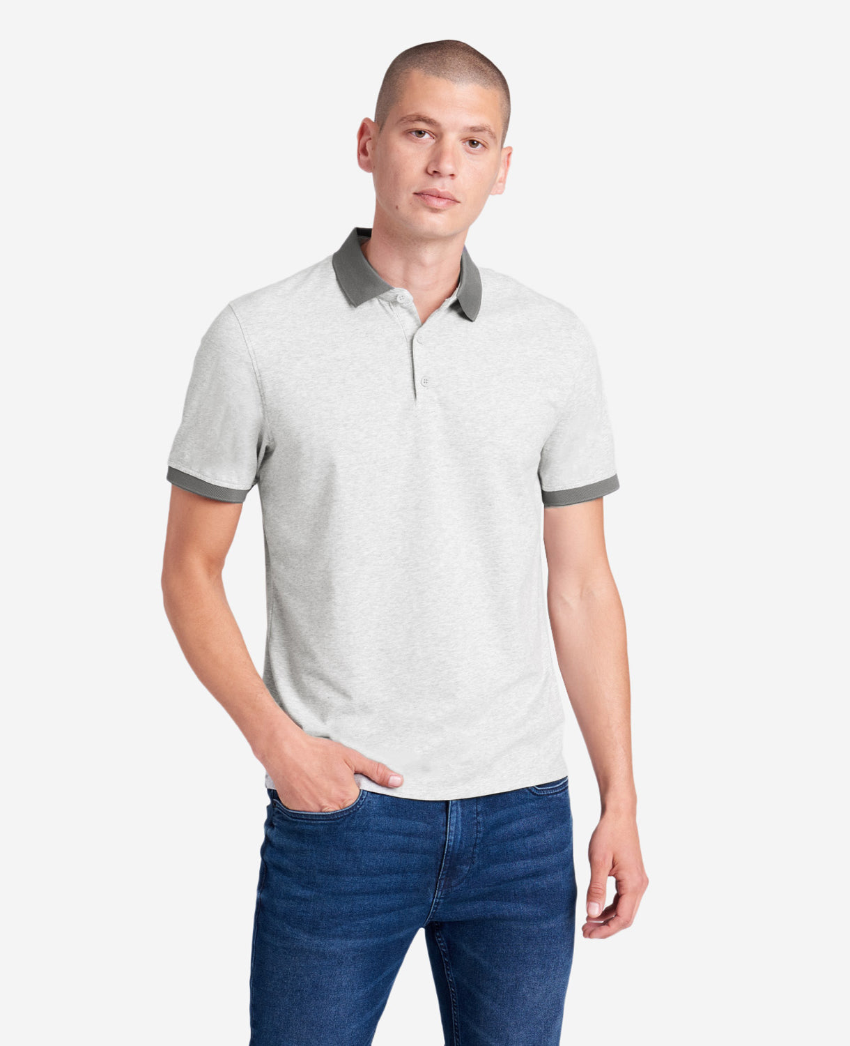 Kenneth Cole Reaction Clothing Colorblock Collar Solid Short Sleeve Polo polo uomo grigia elasticizzata