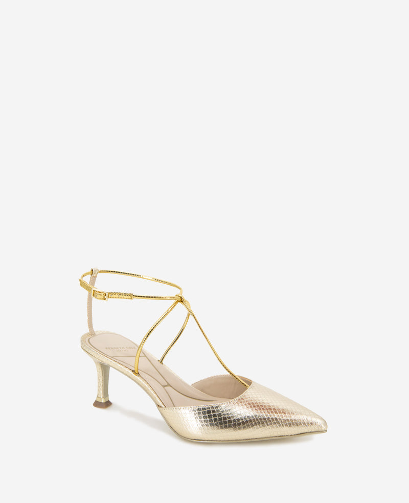 Kenneth Cole Reaction Shoes Umi T-Strap Metallic Heel scarpe con tacco oro serpente