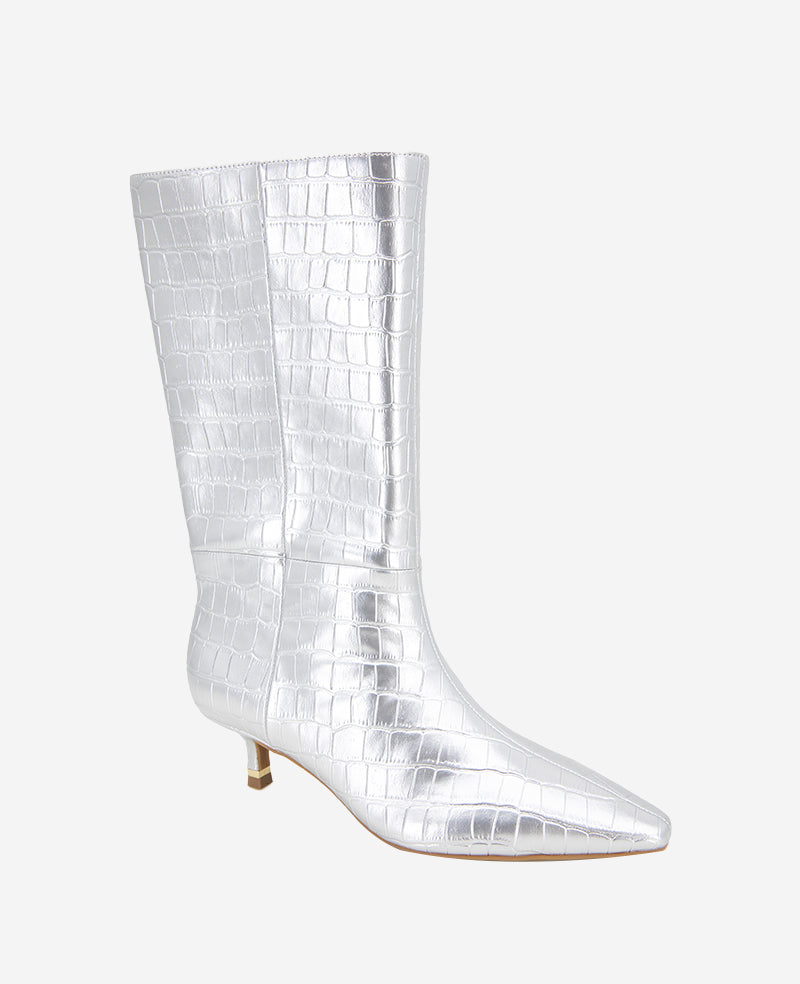 Kenneth Cole Reaction Meryl Leather Metallic Croco Bootie stivaletti argento in pelle