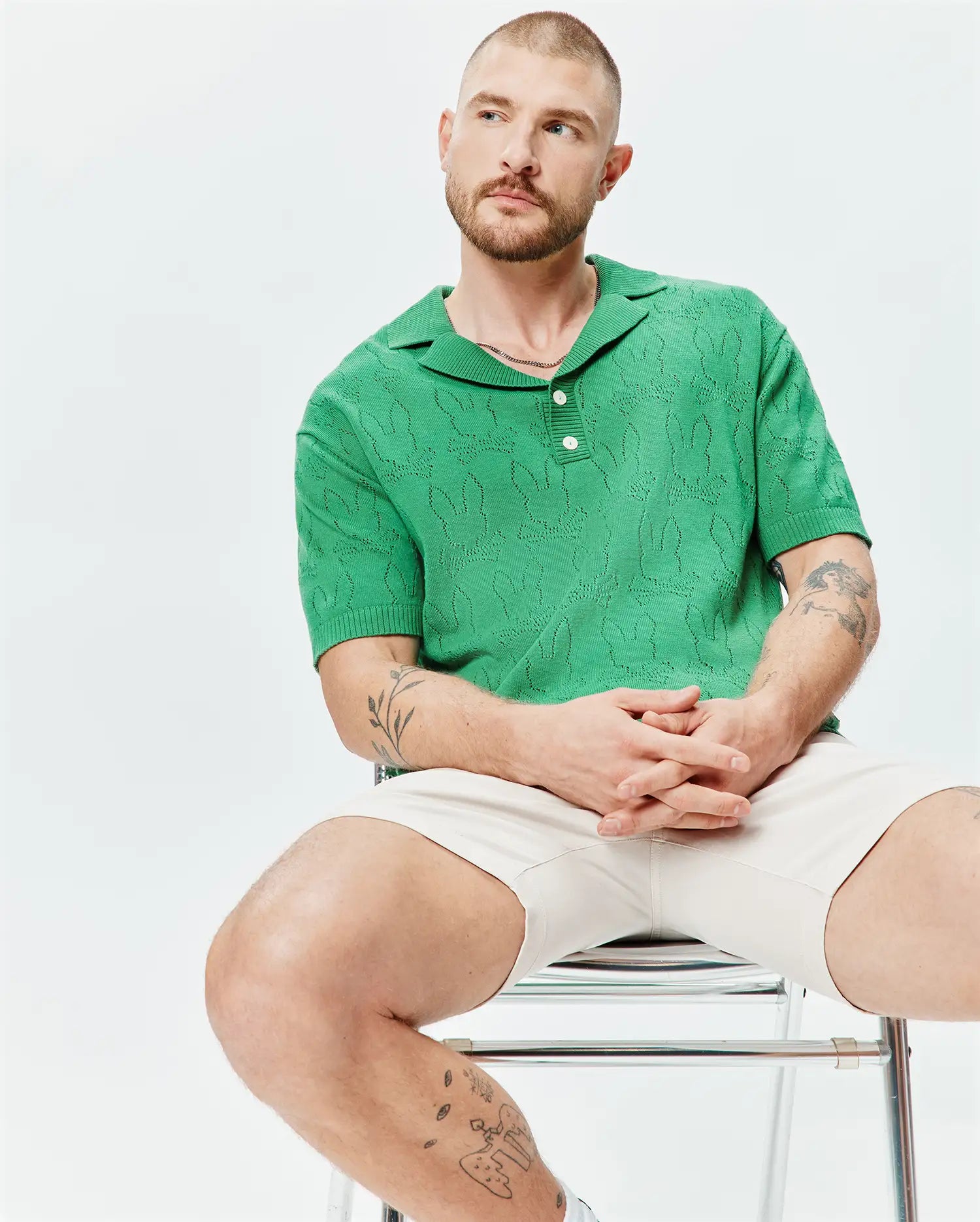 Psycho Bunny Men's Polos Harold Pointelle All Over Bunny polo in maglia verde