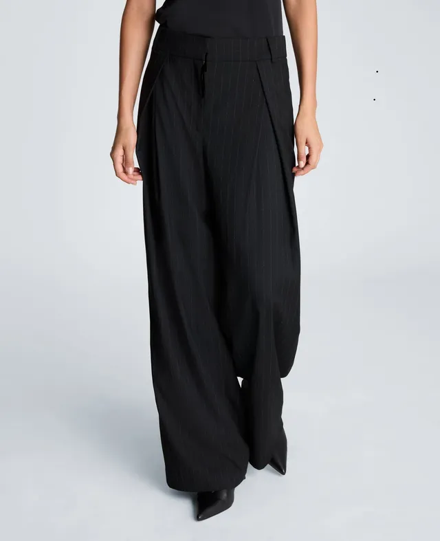 Kenneth Cole Reaction Clothing Fly Front Wide Leg Crossover Pleat Pant pantaloni neri gessati vita media