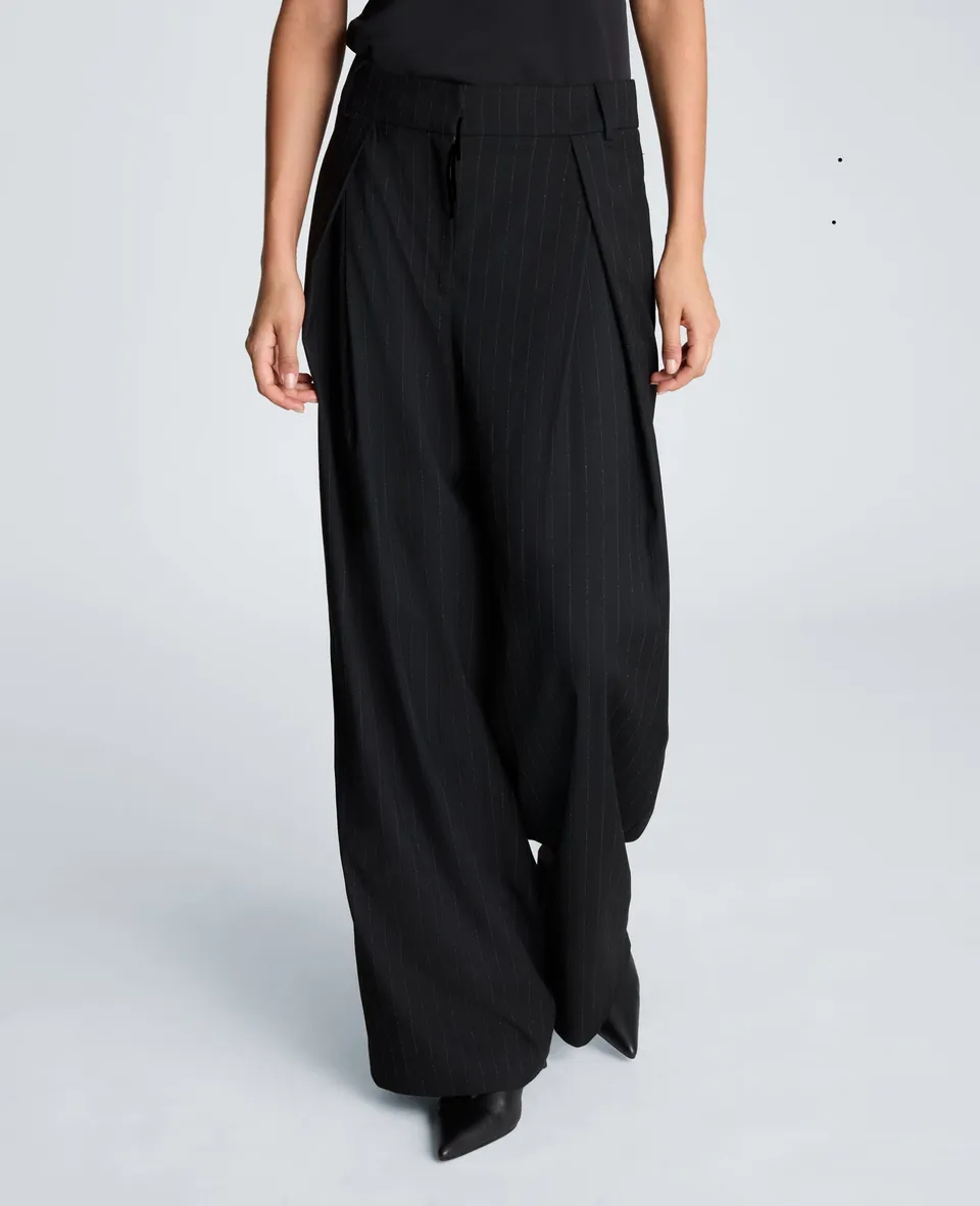 Kenneth Cole Reaction Clothing Fly Front Wide Leg Crossover Pleat Pant pantaloni neri gessati vita media
