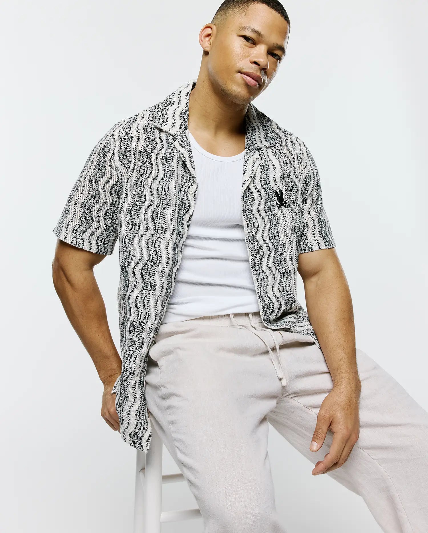 Psycho Bunny Men's Shirts Dave Crochet Shirt camicia nera e crema in maglia