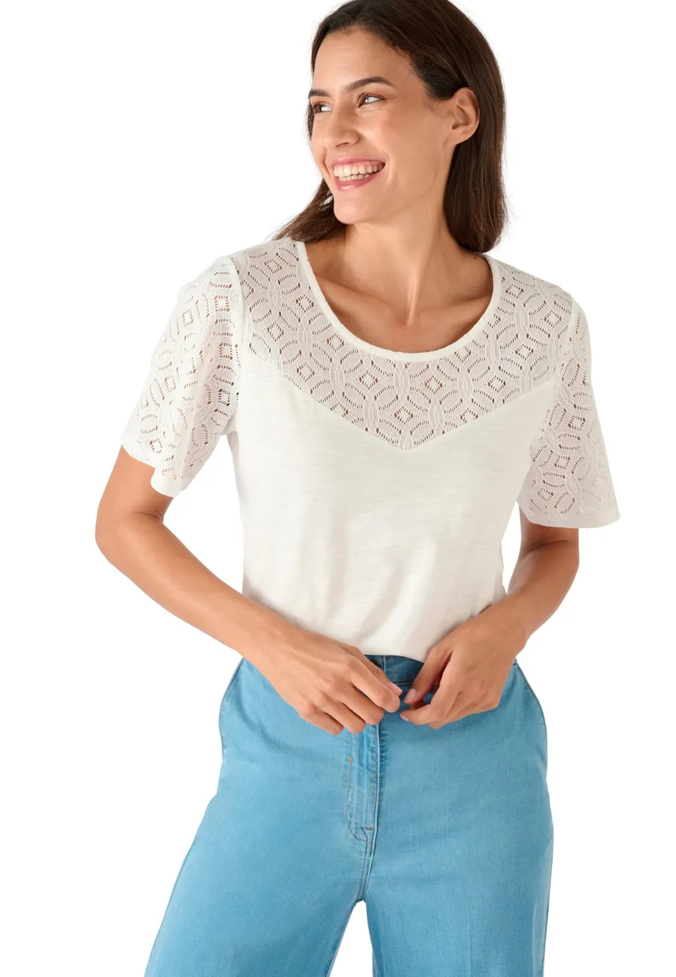 Damart Prêt-à-porter Maglietta in puro cotone con inserto macramé bianca 38-40
