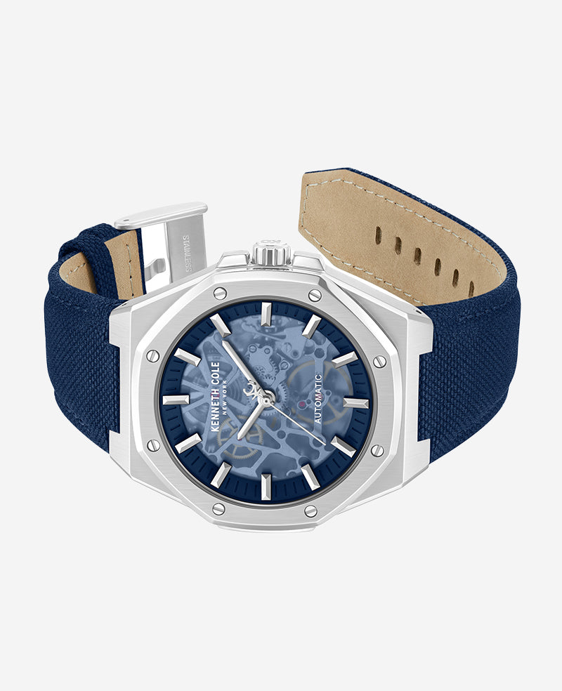 Kenneth Cole Reaction Watches Skeleton Automatic Blue Dial Nylon Strap Watch orologio argento