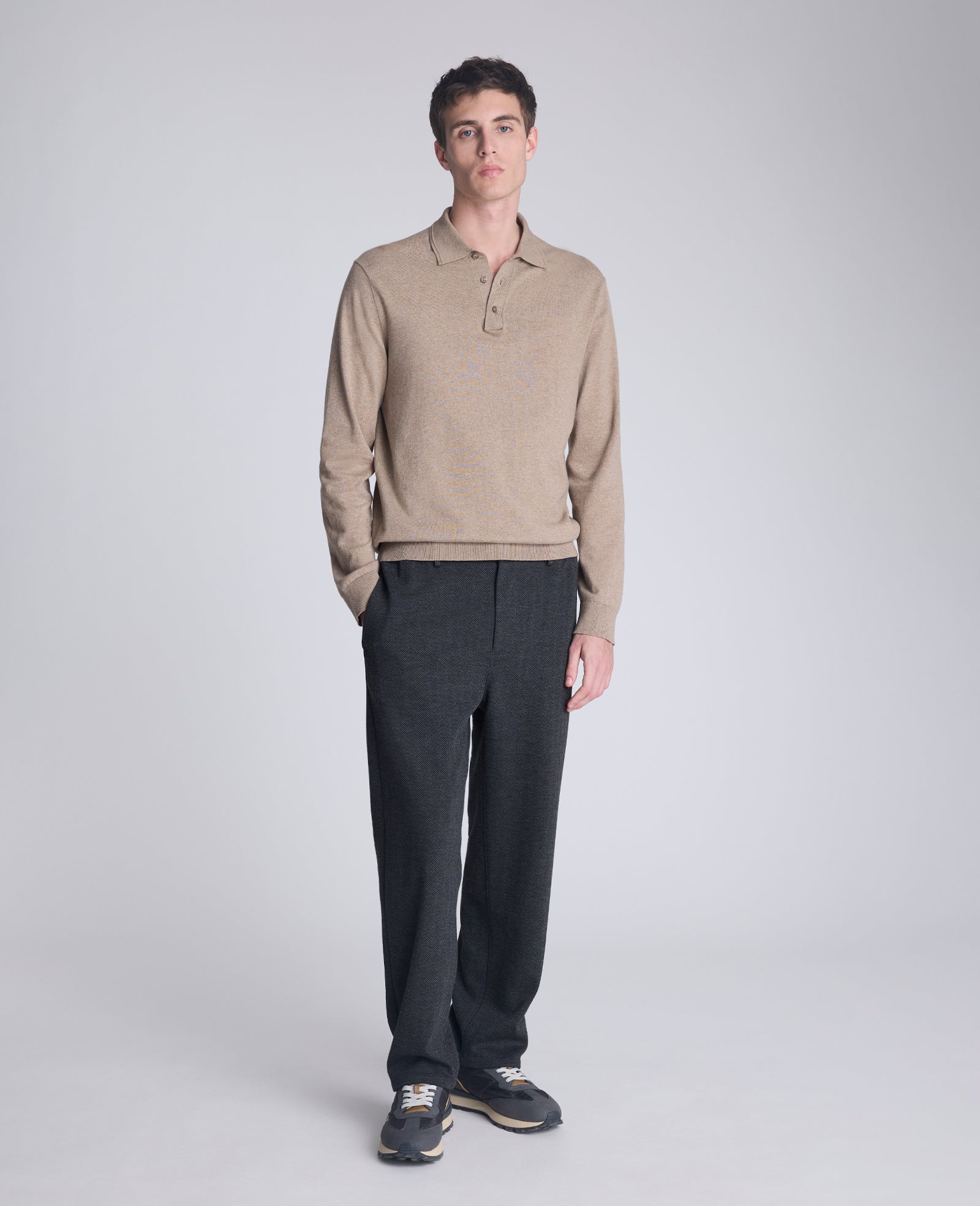 Kenneth Cole Reaction Clothing Long Sleeve Button Sweater Polo polo marrone chiaro