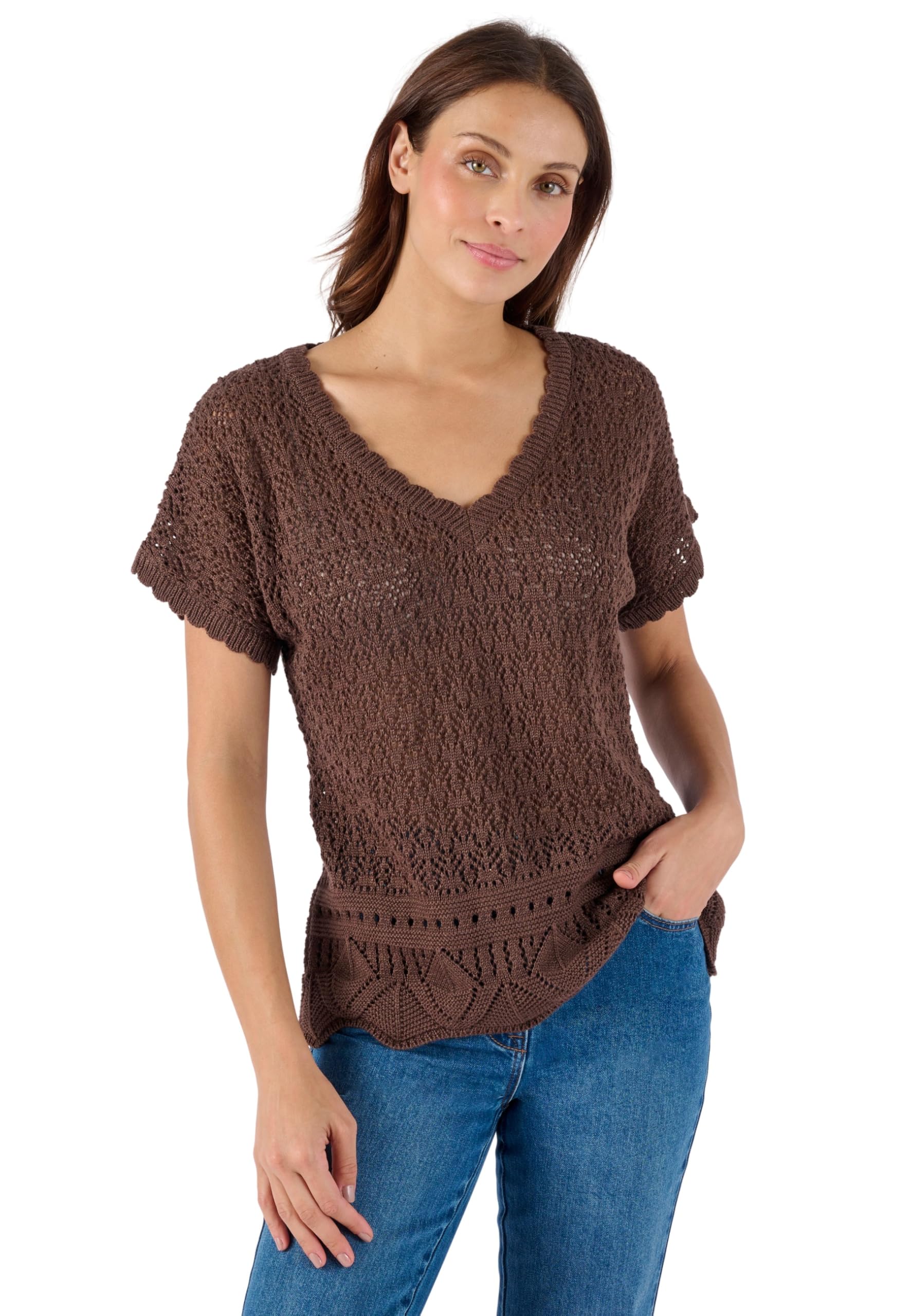 Damart Prêt-à-porter Maglione a maglia a punta da donna marrone ecru 38-40 in cotone