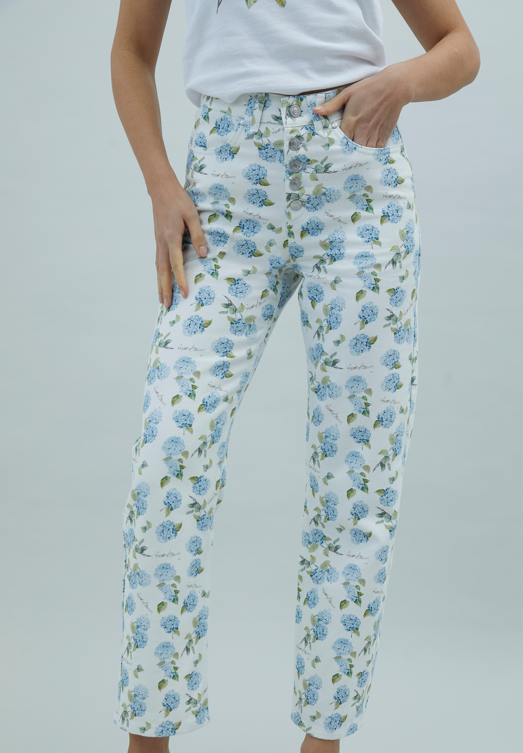 House Of Sunny Women's Denim Hydrangea Jessie Jeans jeans dritti taglie UK 6-18 stampa botanica