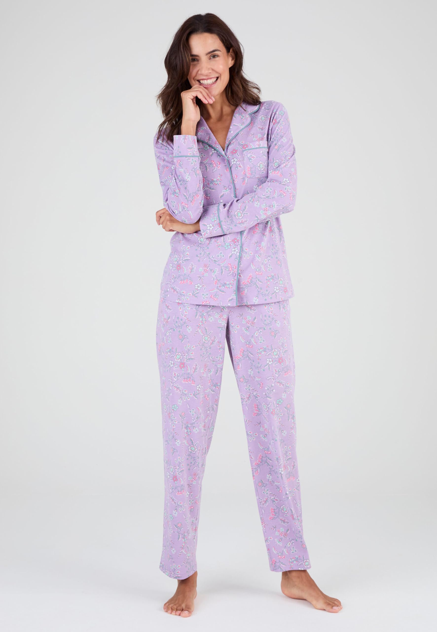 Damart Homewear Pigiama donna con bottoni rosa fiori indiani