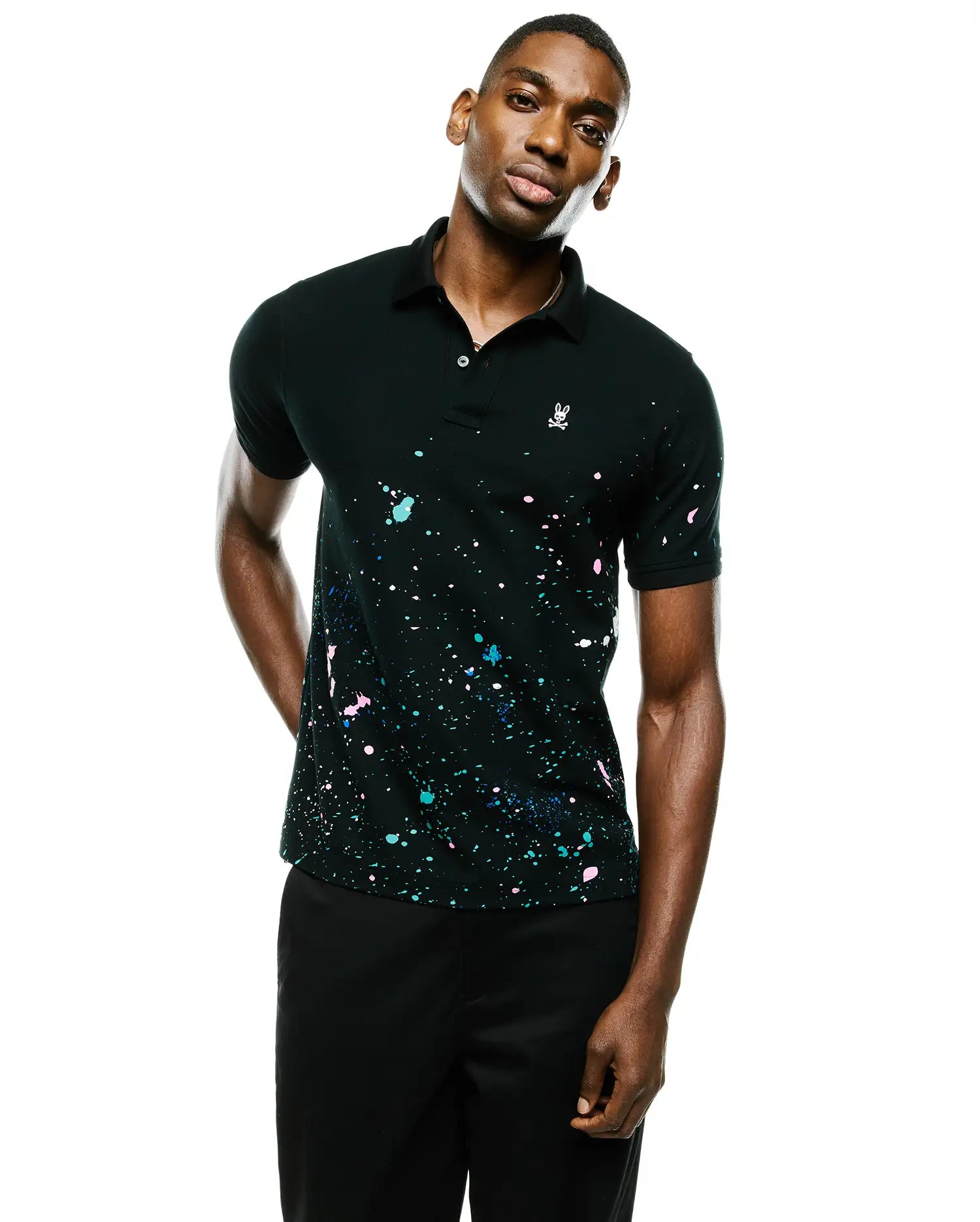 Psycho Bunny Men's Polos Malcolm Splatter Polo polo nera in cotone Pima