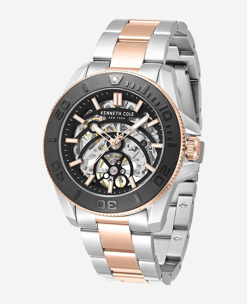 Kenneth Cole Reaction Watches Skeleton Automatic Black Contrast Dial Two Tone Bracelet Watch orologio automatico uomo bicolore